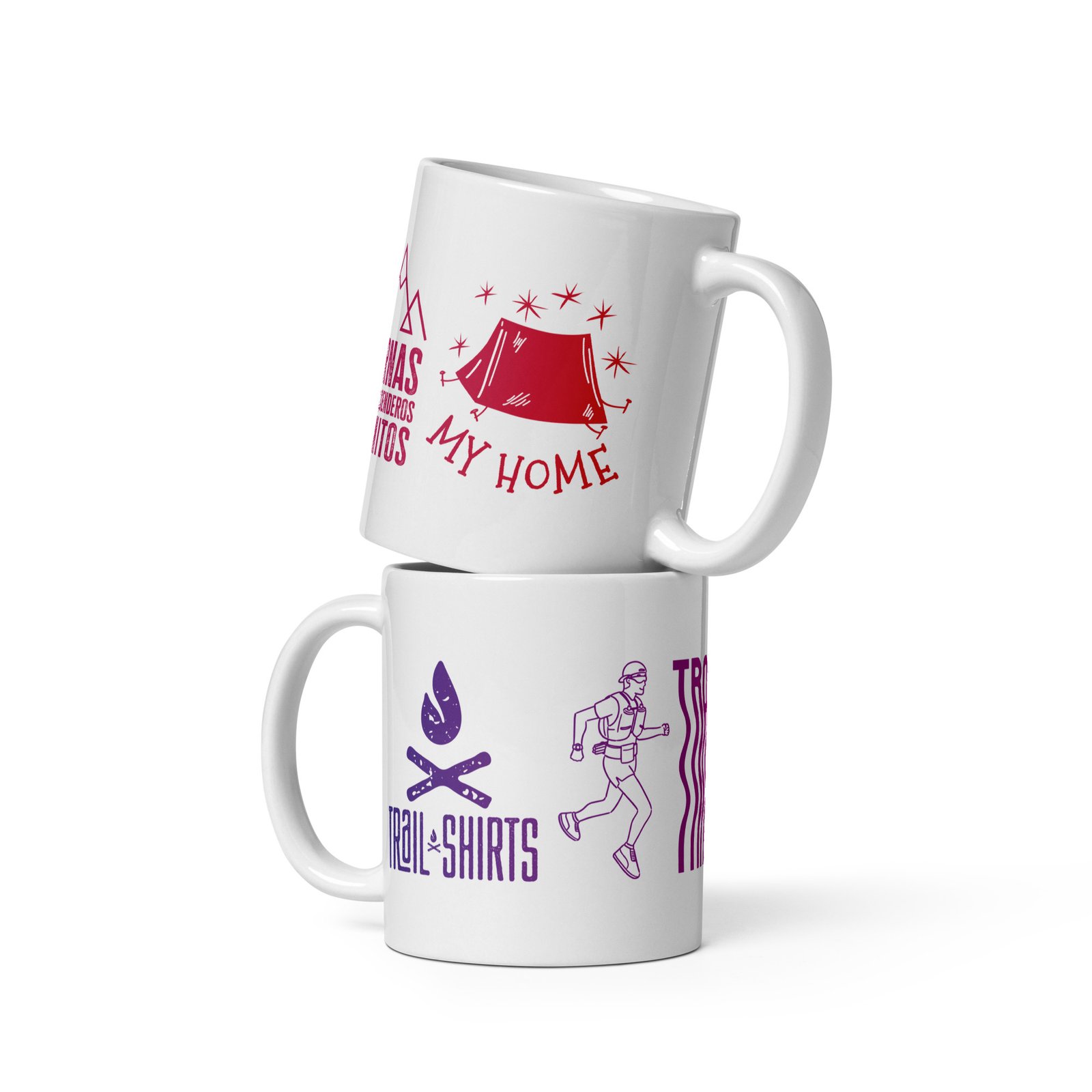 Set de tazas de trail, dos una encima de otra. Diseño único con corredor, logo y lema 'Piernas Fuertes, Senderos Infinitos'.