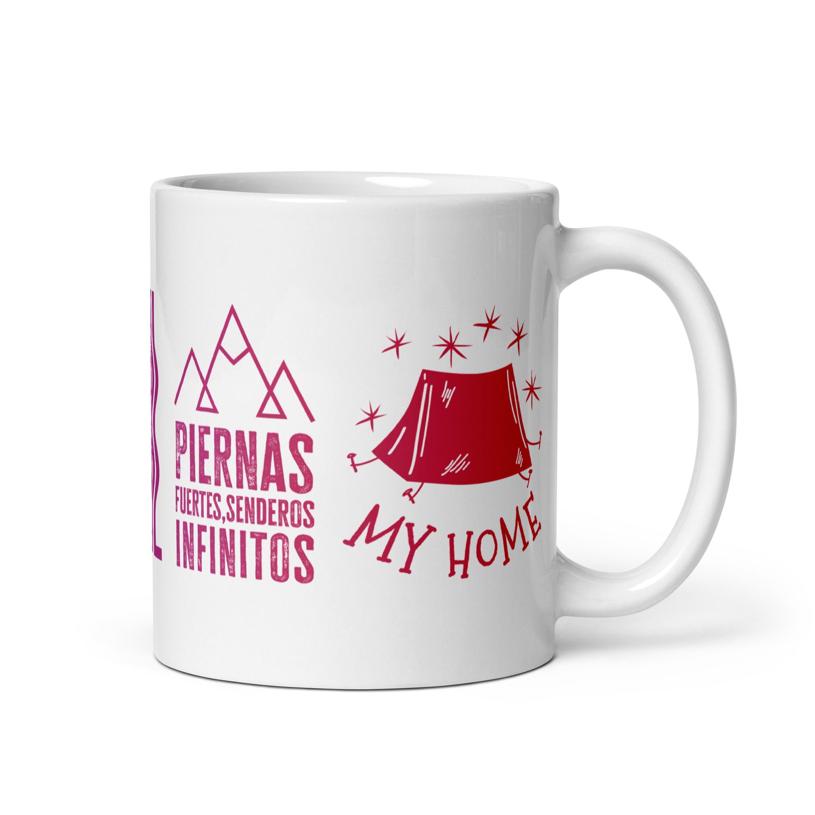 Taza de trail con diseño único, vista lateral. Corredor, logo y lema 'Piernas Fuertes, Senderos Infinitos'.