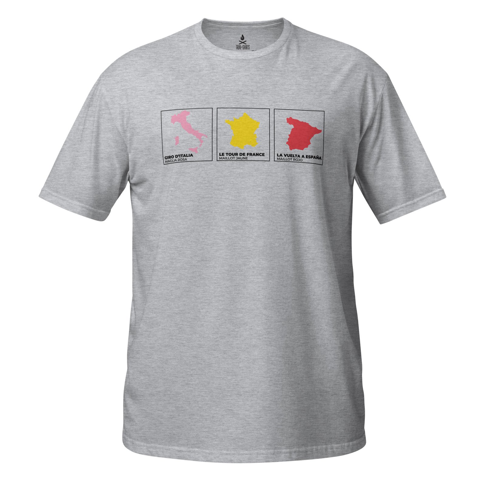 Camiseta gris claro"Tres Grandes Vueltas" con siluetas de países y colores de maillots.