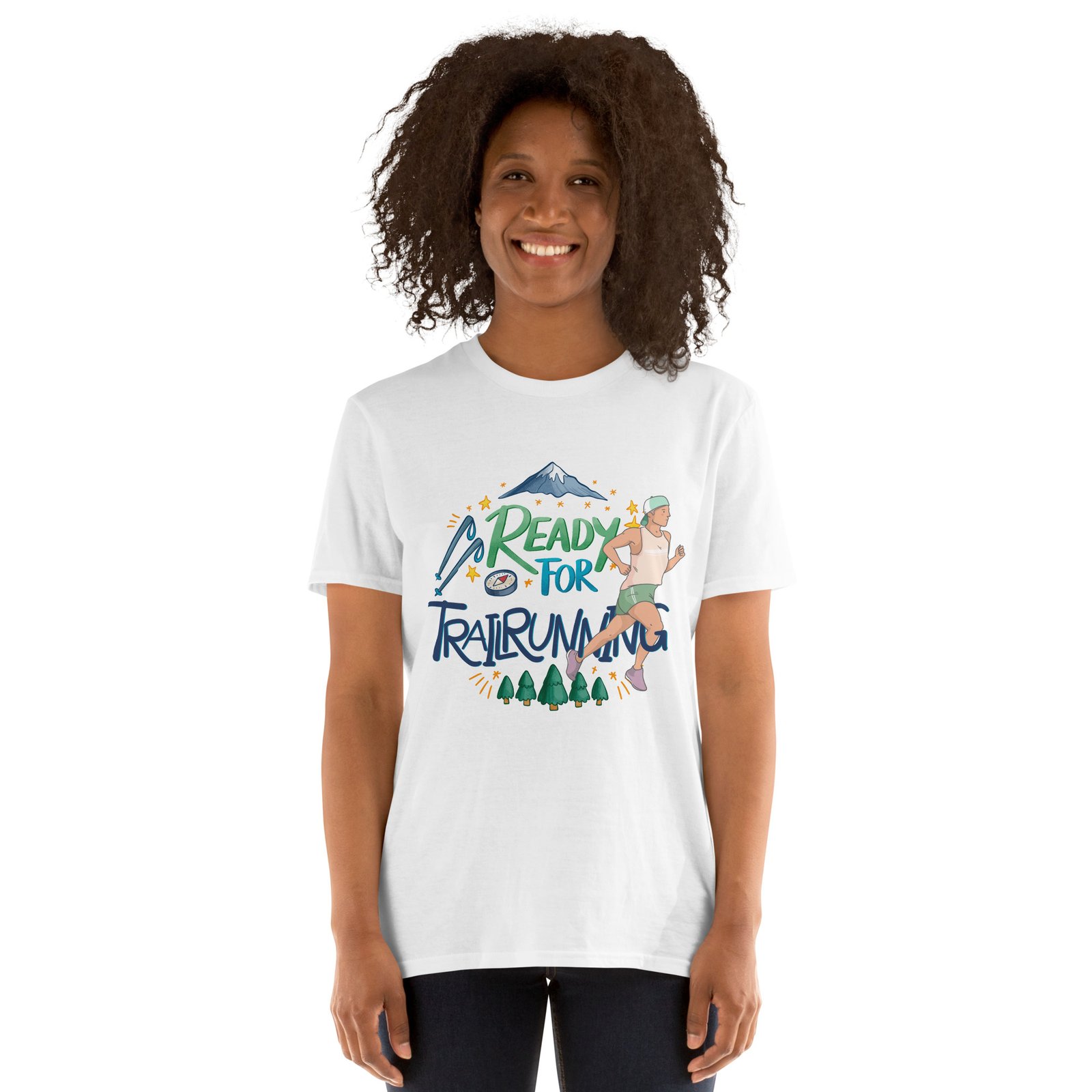 Camiseta blanca de mujer con diseño "READY FOR TRAIL RUNNING".
