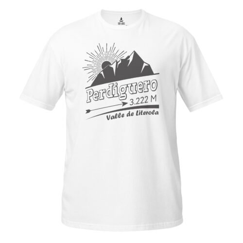 Camiseta blanca unisex de manga corta con diseño de montaña "PICO PERDIGUERO" sobre fondo blanco.