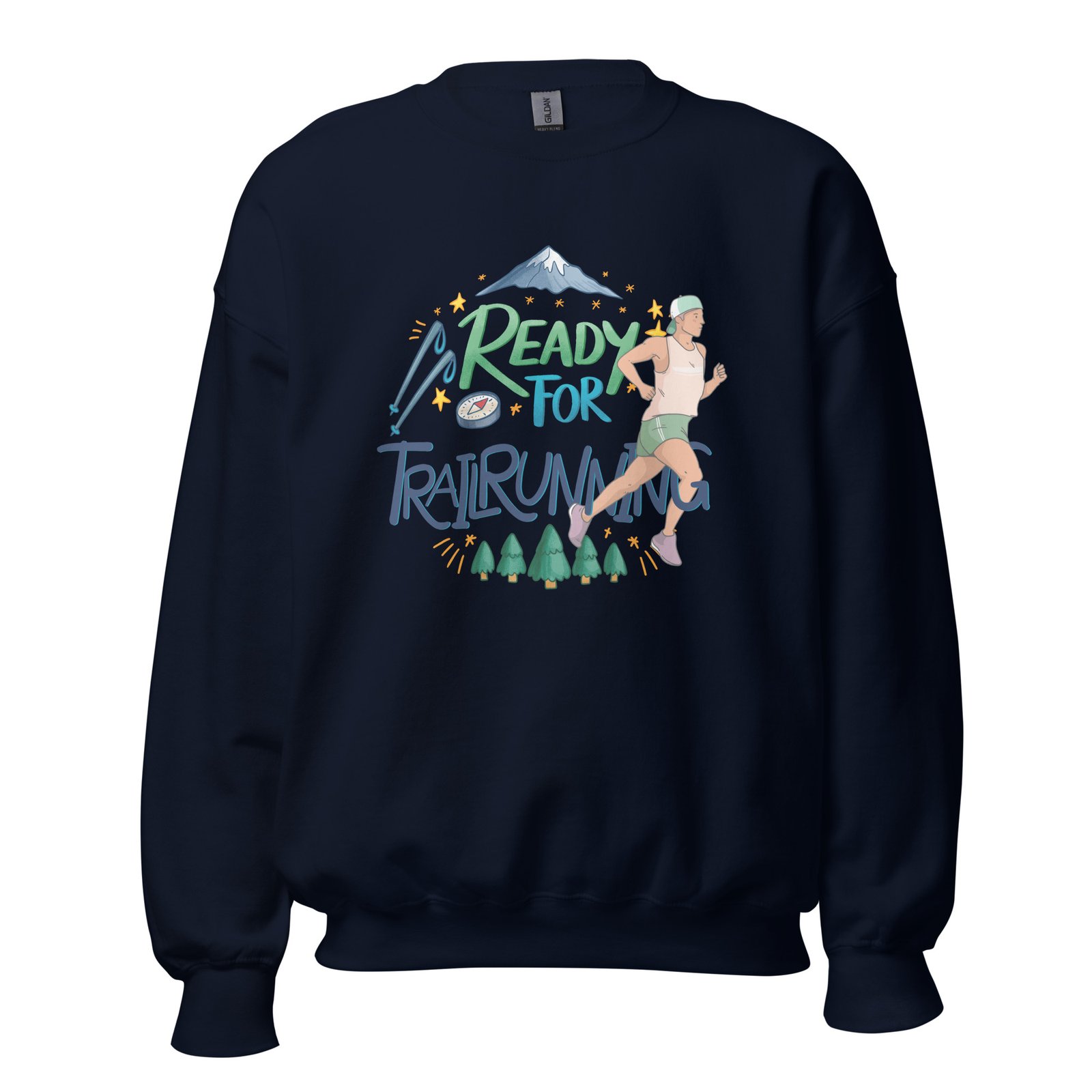 Sudadera azul marino unisex "READY FOR TRAIL RUNNING" con ilustración de corredor de montaña.
