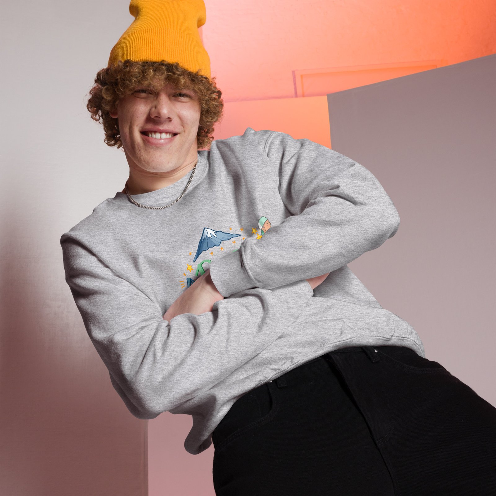 Sudadera gris claro hombre "READY FOR TRAIL RUNNING" con ilustración de corredor de montaña.