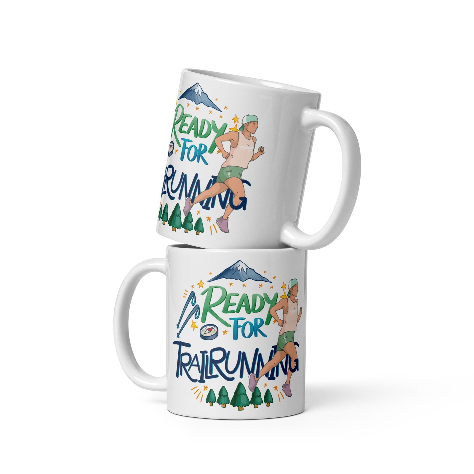 Dos tazas Ready for Trail Running apiladas con diseño de corredor de montaña