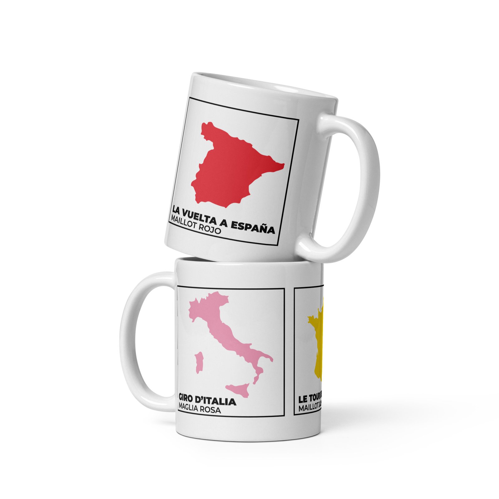 Dos tazas ciclismo Grandes Vueltas superpuestas, siluetas países, maillot ganador, rojo España, rosa Italia, amarillo Francia.