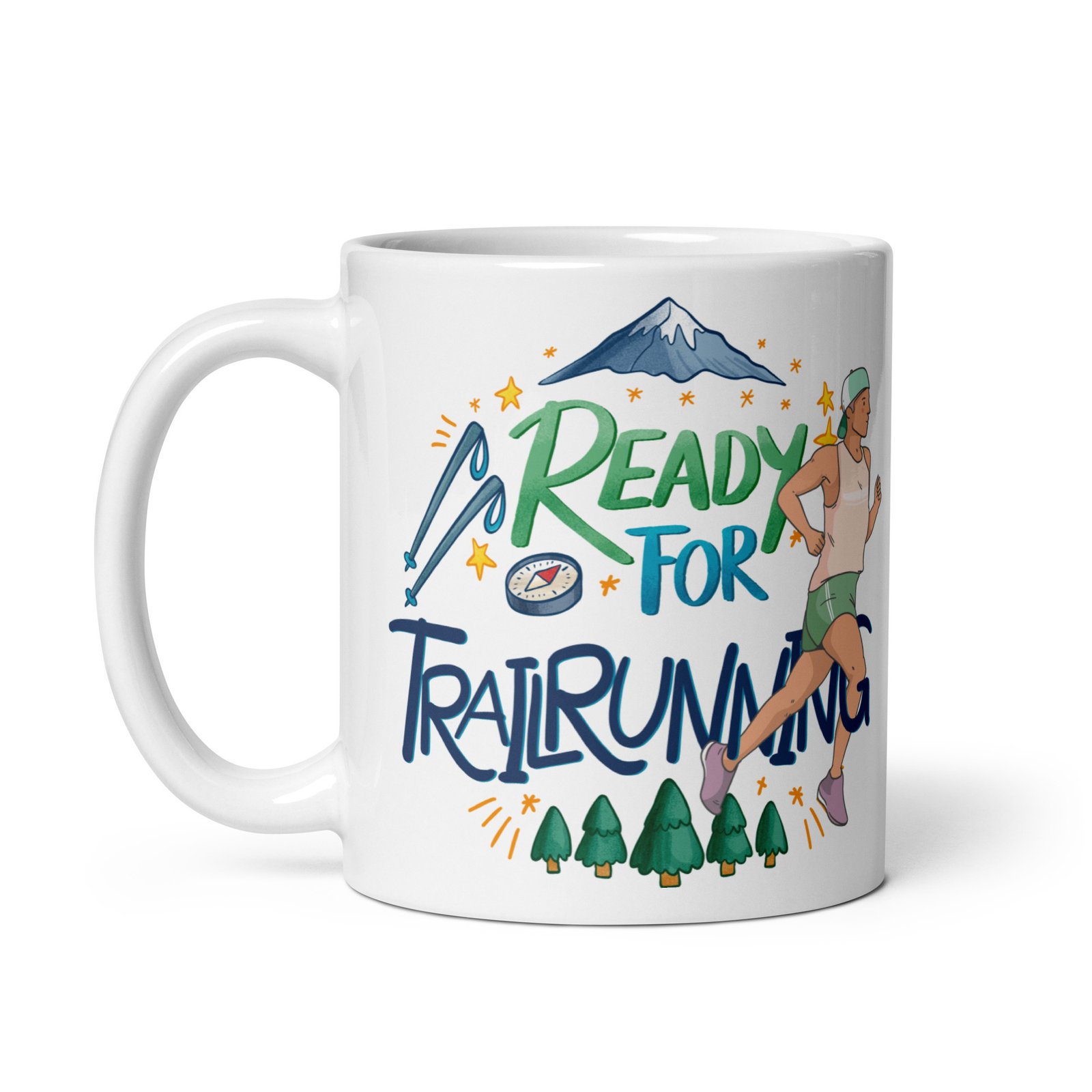Taza Ready for Trail Running vista izquierda con diseño de corredor de montaña
