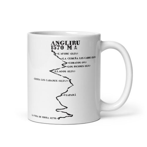 Taza Angliru Curvas de Leyenda. Diseño con nombres y desniveles. Para amantes del ciclismo.