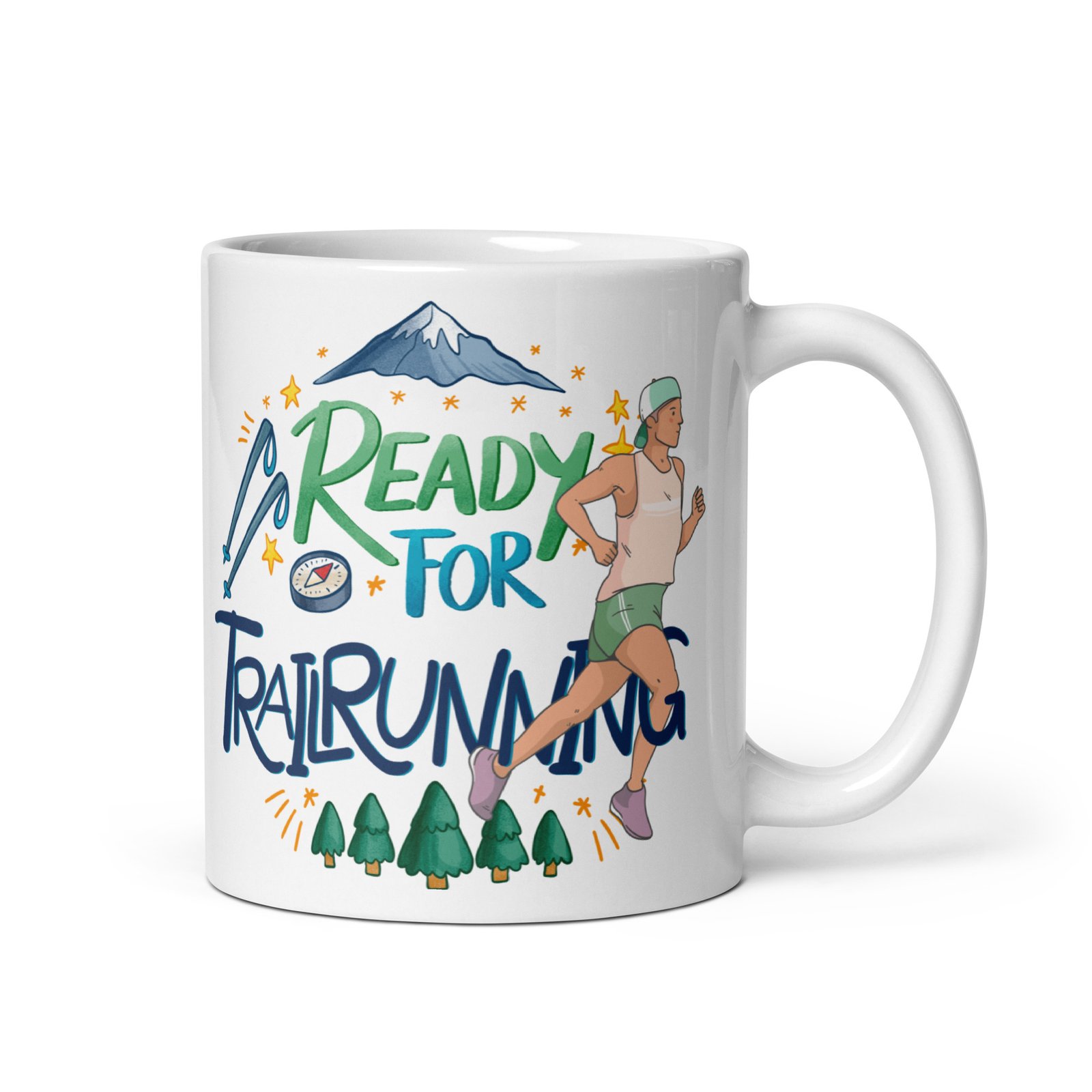 Taza Ready for Trail Running vista derecha con diseño de corredor de montaña