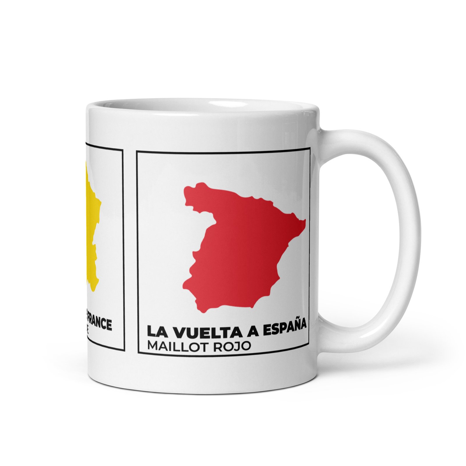Taza ciclismo Grandes Vueltas, silueta países, maillot ganador, rojo España, rosa Italia, amarillo Francia.