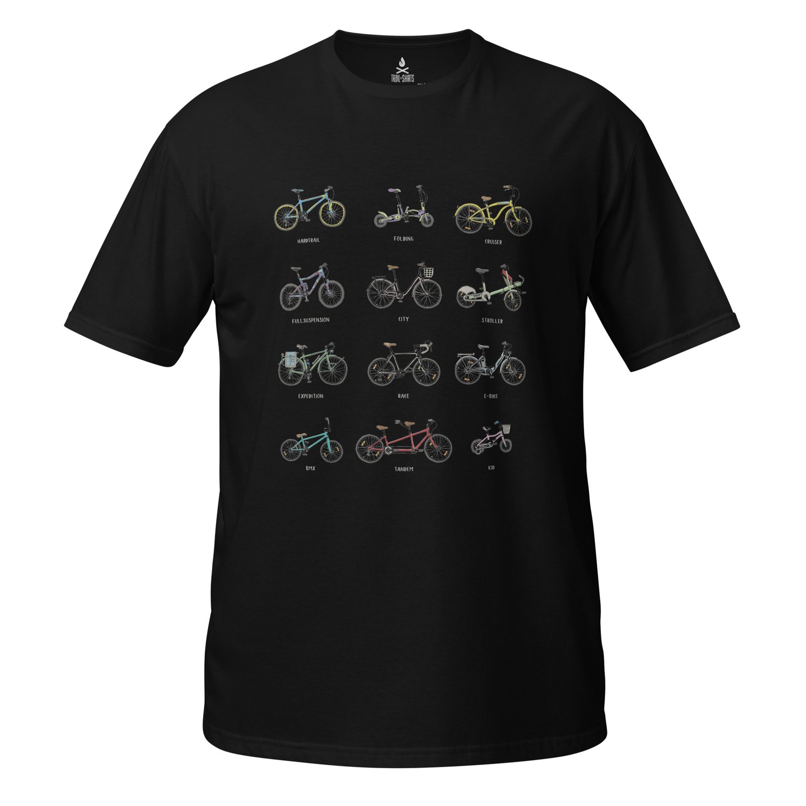 Camiseta negra unisex "Ride Your Bike" con ilustración de 12 tipos de bicicletas.