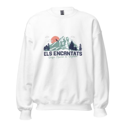 Sudadera unisex blanca con ilustración de Picos Els Encantats y Estany de Sant Maurici.