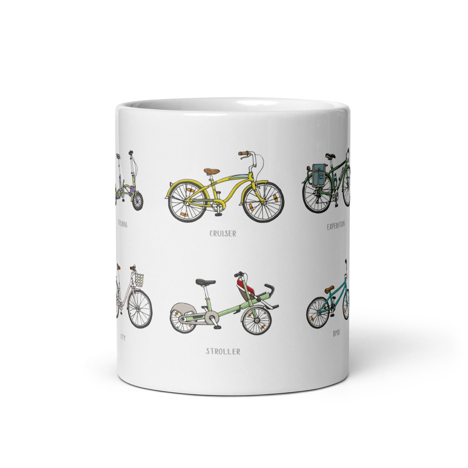 Frente de taza cerámica con diseño de bicicletas para todos los ciclistas, sobre fondo blanco.