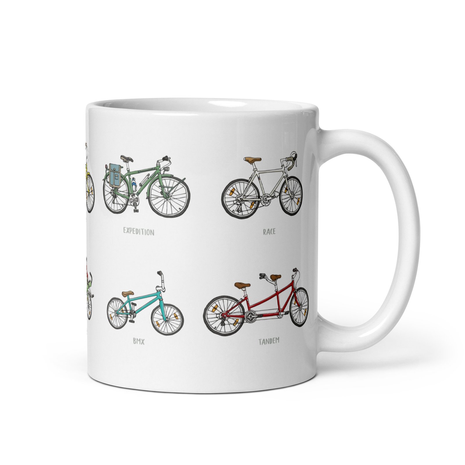 Taza de cerámica con diseño de bicicletas vista derecha sobre fondo blanco, ideal para amantes del ciclismo.