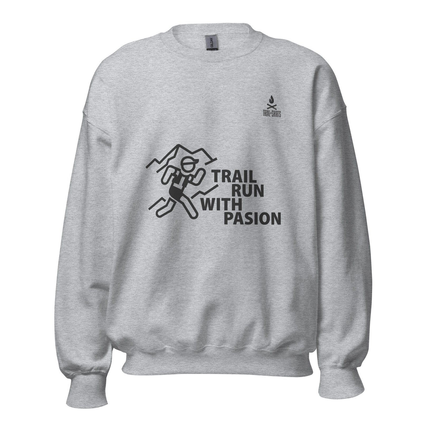 Sudadera unisex gris claro con el diseño “Trail Run With Pasion” y un icono de corredor.