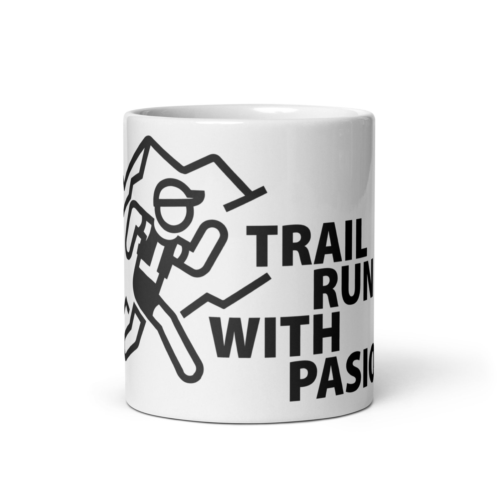 Vista frontal de la taza de cerámica "Trail Run With Pasion" con el ícono de un corredor y letras grandes.