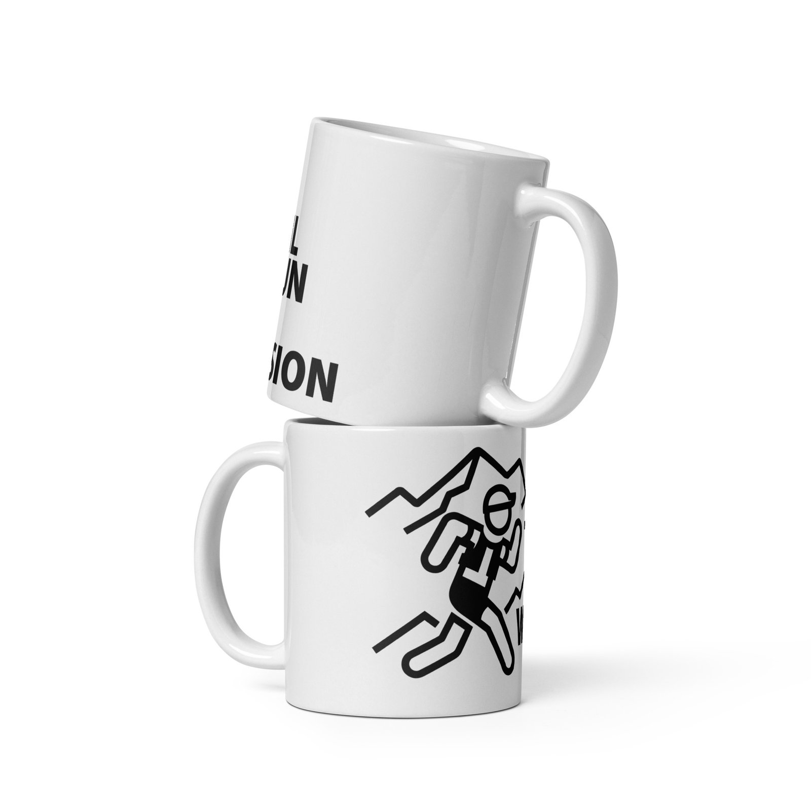 Dos tazas de cerámica "Trail Run With Pasion" apiladas, mostrando el diseño del corredor de trail y letras grandes.