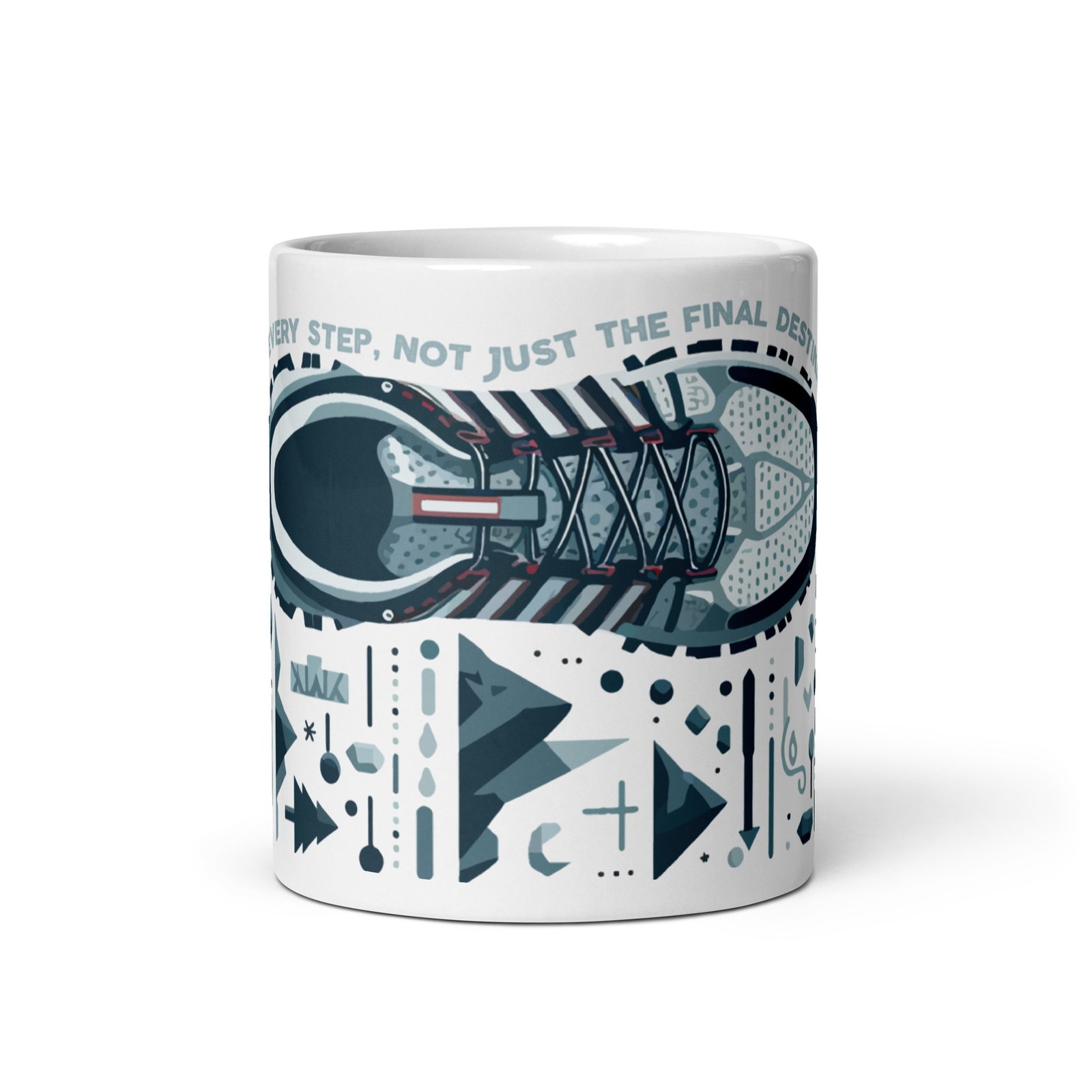 Taza cerámica con diseño - Enjoy Every Step - vista frontal, inspirada en el trail running.