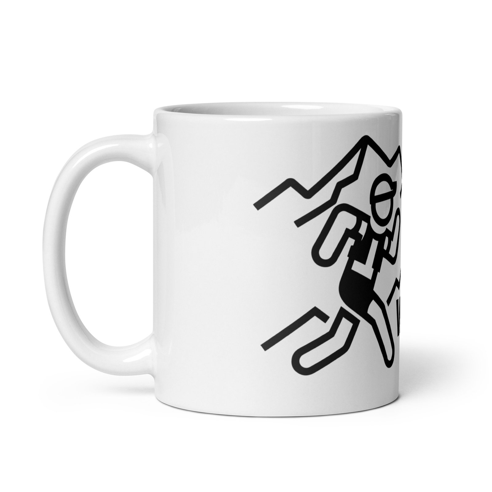 Vista izquierda de la taza de cerámica "Trail Run With Pasion" con ícono de corredor de trail.