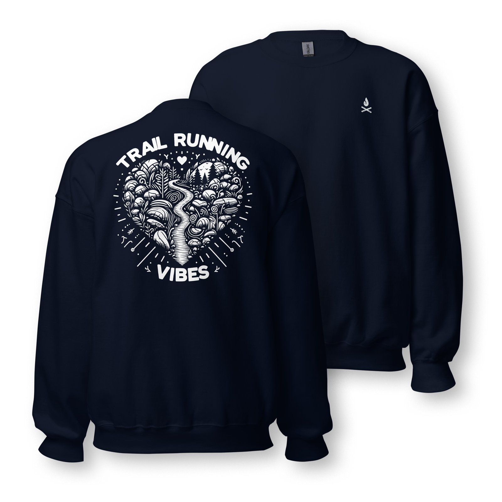 Sudadera azul marino unisex con diseño de corazón y lema "Trail Running Vibes".