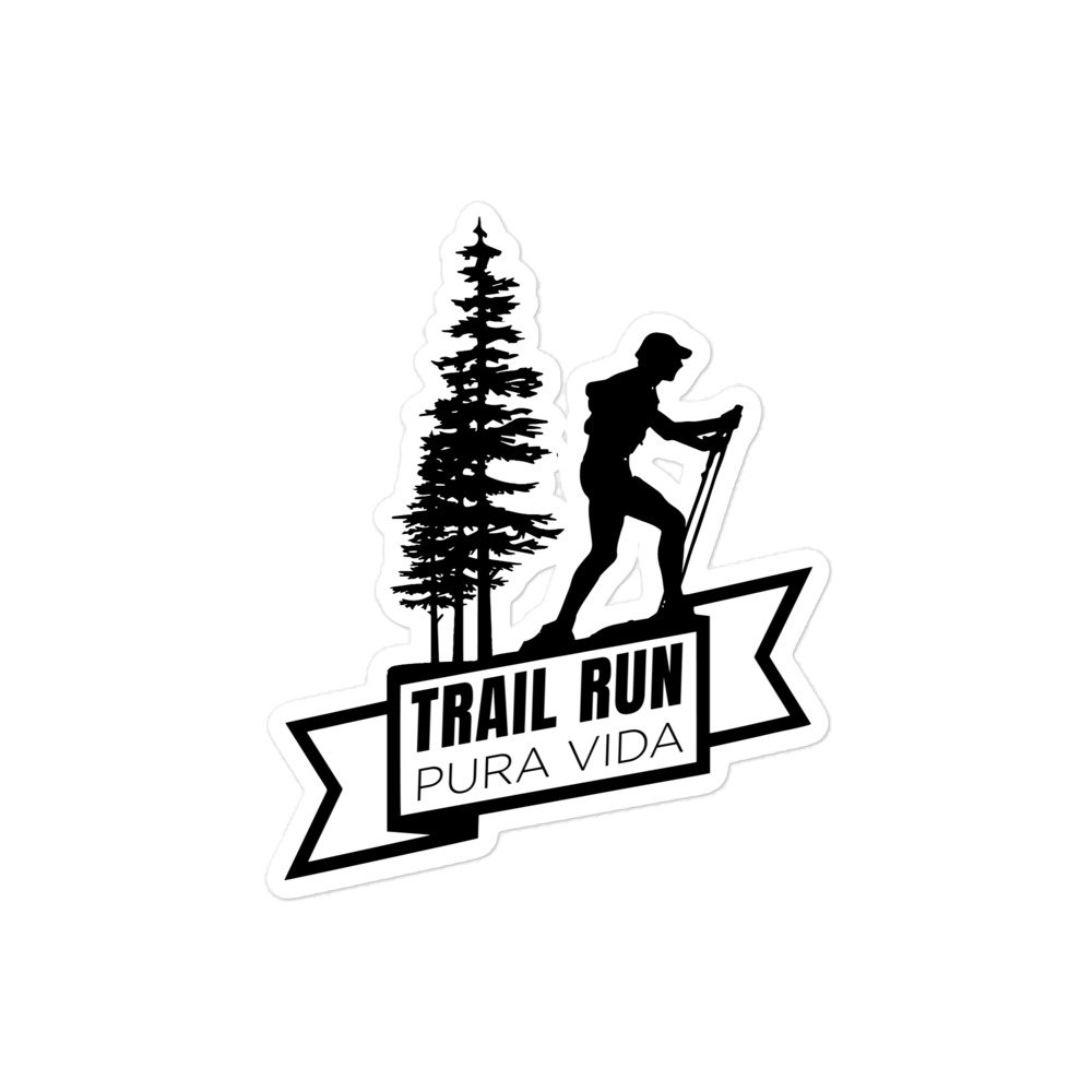 Pegatina vinilo Trail Run Pura Vida con silueta de corredor y pinos, fondo blanco