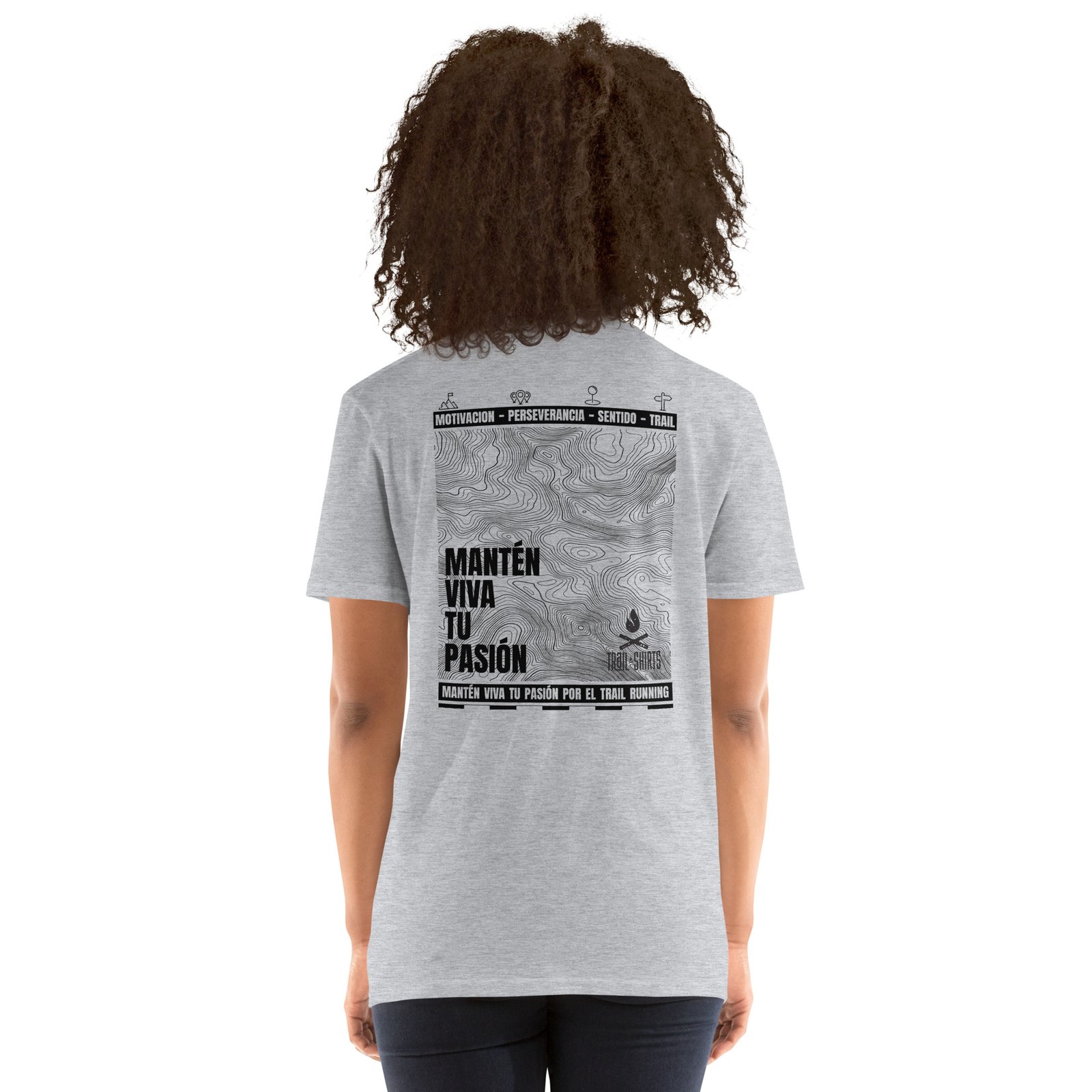 Camiseta mujer gris claro con diseño de líneas y texto Mantén Viva Tu Pasión para trail running.