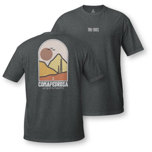 Camiseta gris oscuro unisex COMAPEDROSA con diseño del pico más alto de Andorra.