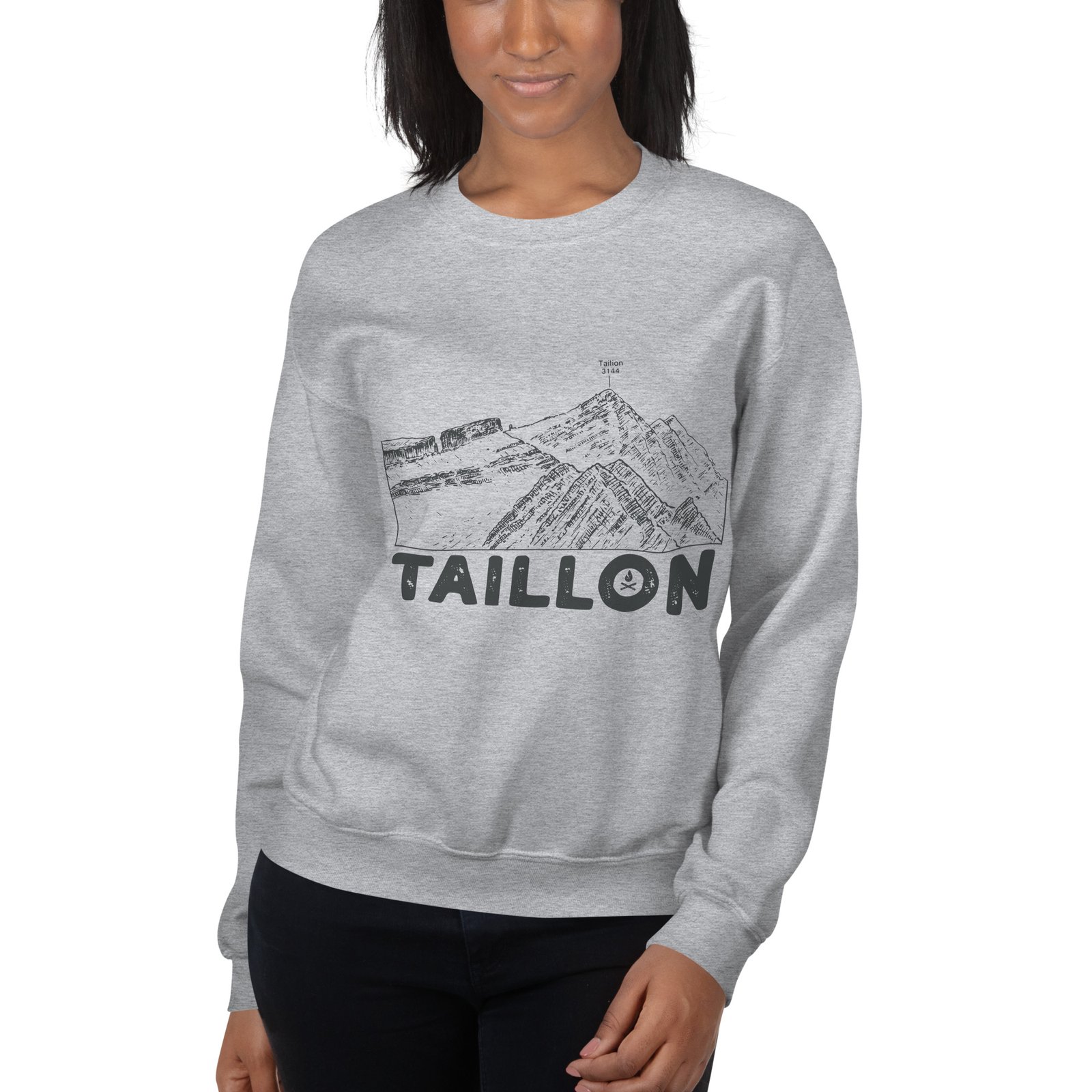Sudadera gris claro de mujer con diseño del pico Taillón y el texto Taillon.