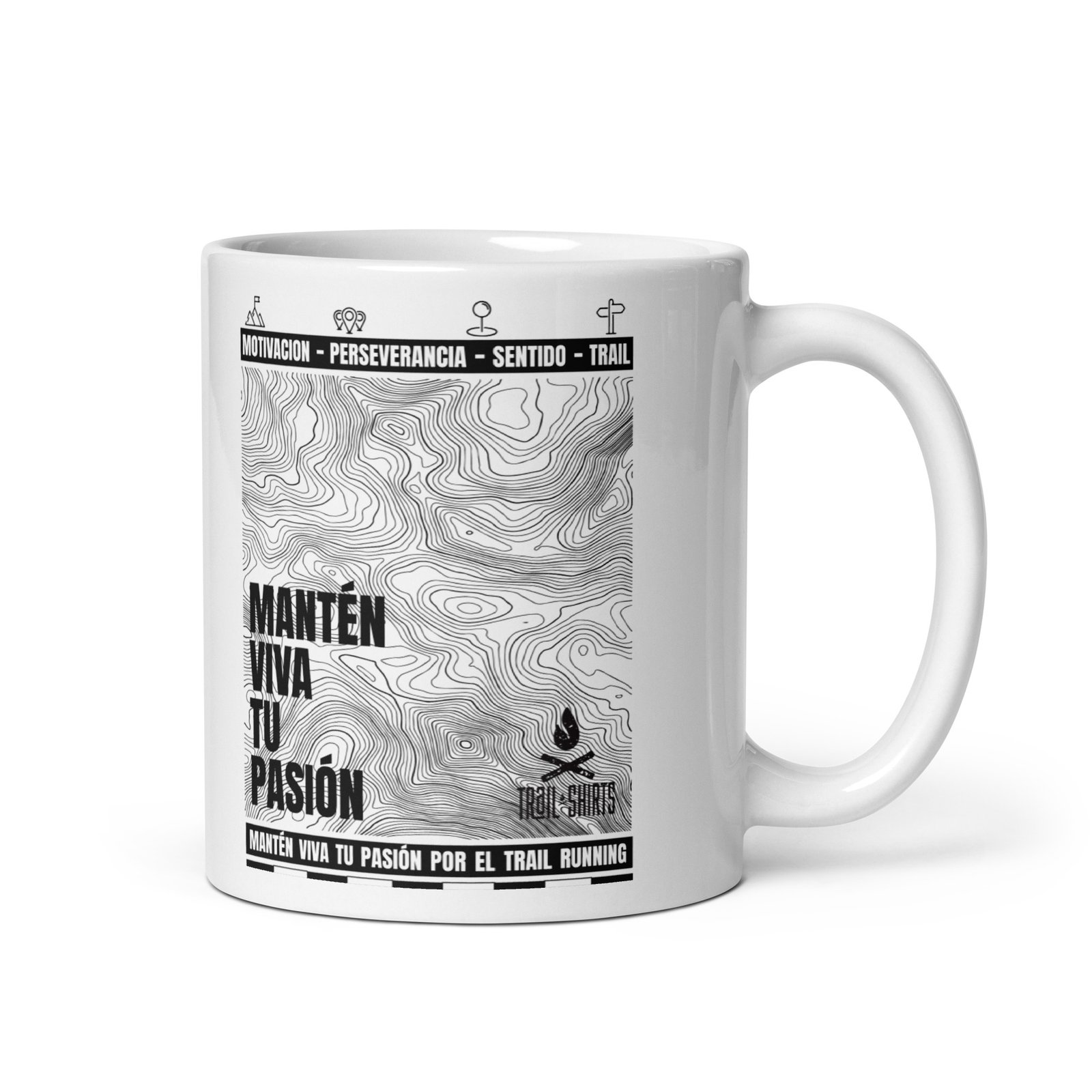 Taza vista derecha con diseño topográfico y mensaje "Mantén Viva Tu Pasión" para trail running.