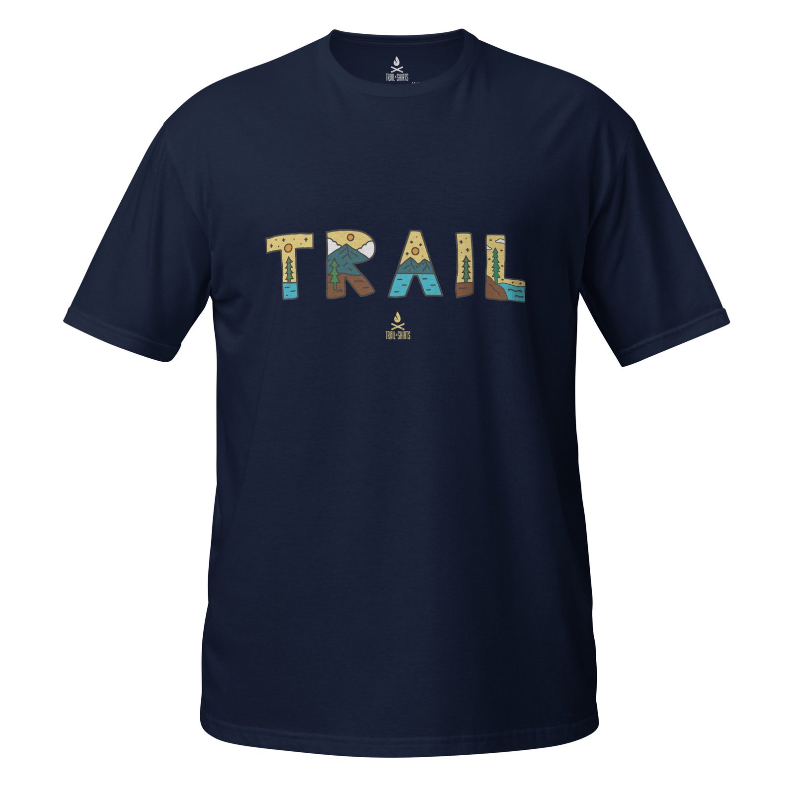 Camiseta unisex azul marino con la palabra TRAIL en letras coloridas y patrones de naturaleza.