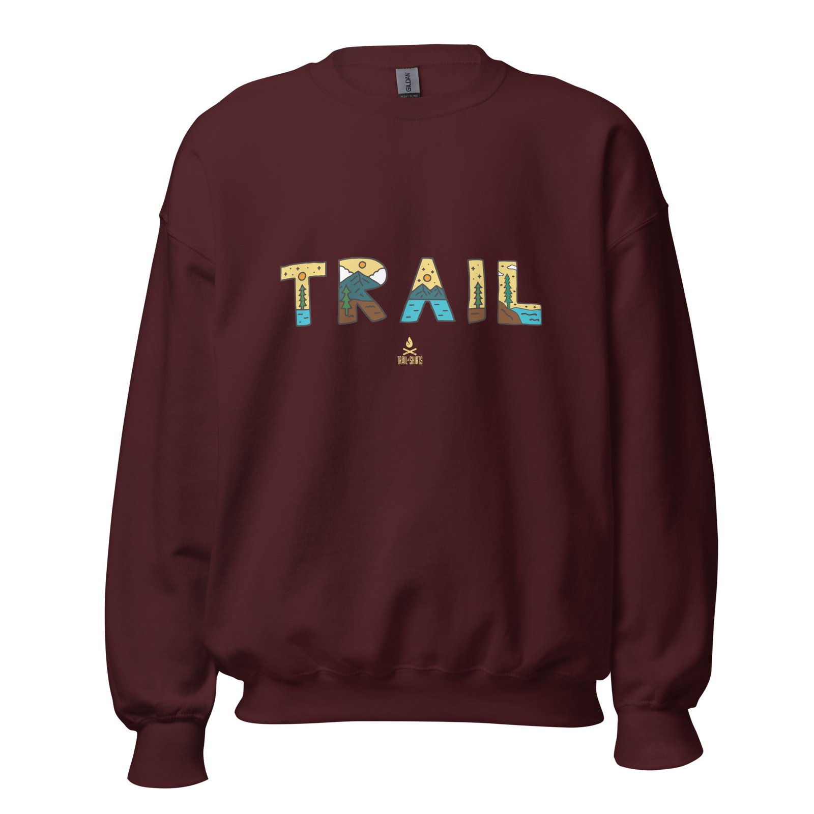 Sudadera unisex granate con diseño ‘TRAIL’ y patrones de naturaleza.