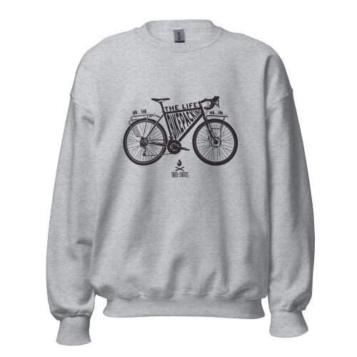 Sudadera unisex gris claro con diseño de bicicleta y texto THE BIKEPACKING LIFE, logotipo TRAIL-SHIRTS incluido.