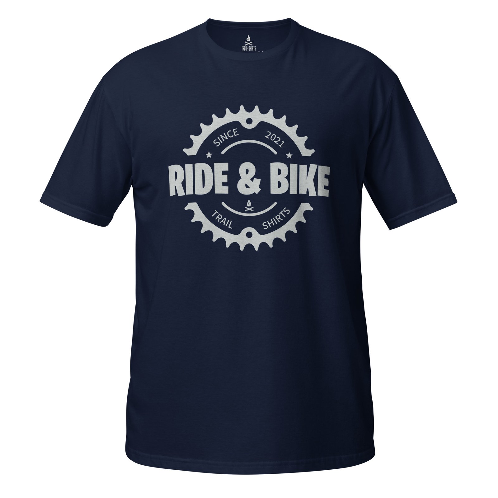Camiseta unisex azul marino RIDE & BIKE con diseño gráfico en el centro sobre fondo blanco.