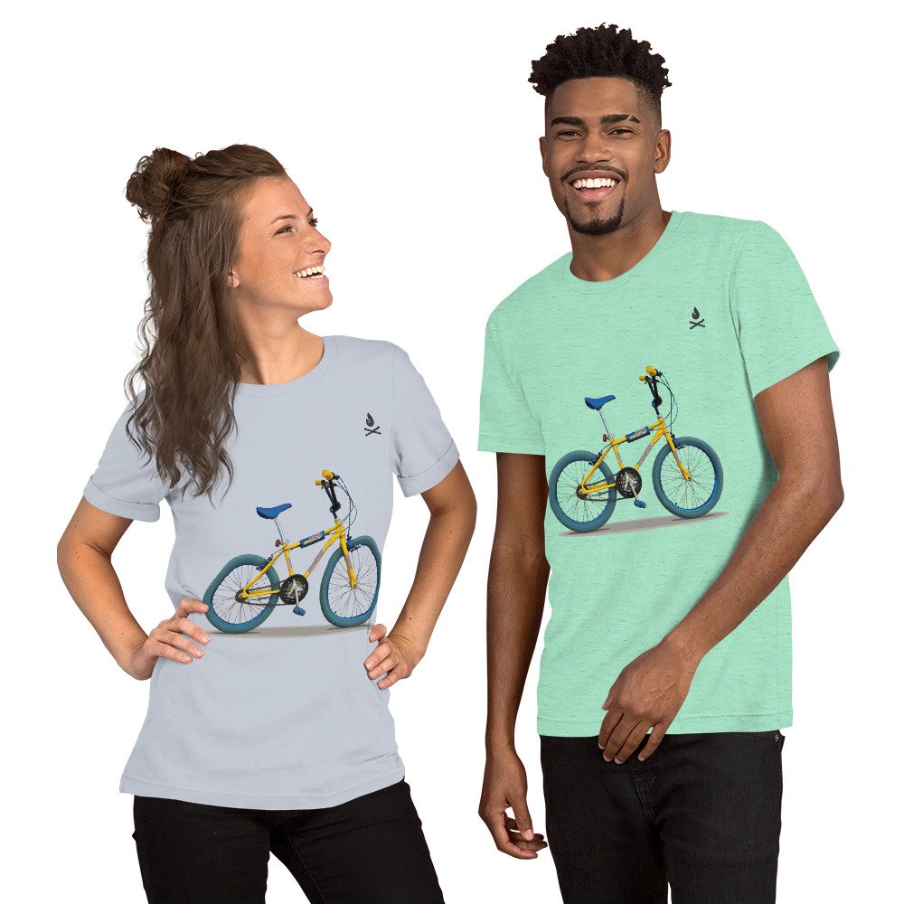 Camisetas en azul claro para mujer y menta jaspeado para hombre, con diseño de bicicleta BH California X3.