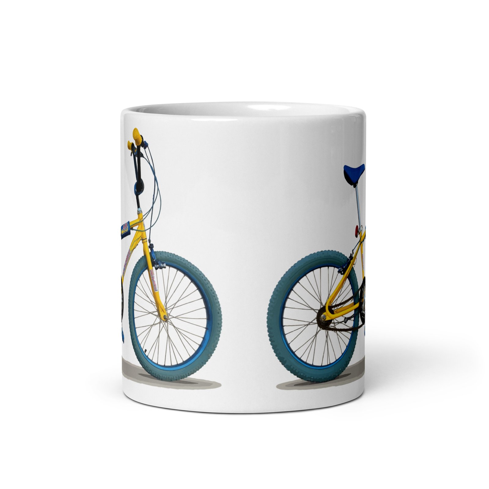 Taza de cerámica con ilustración de la bicicleta BH California X3, vista frontal, fondo blanco.