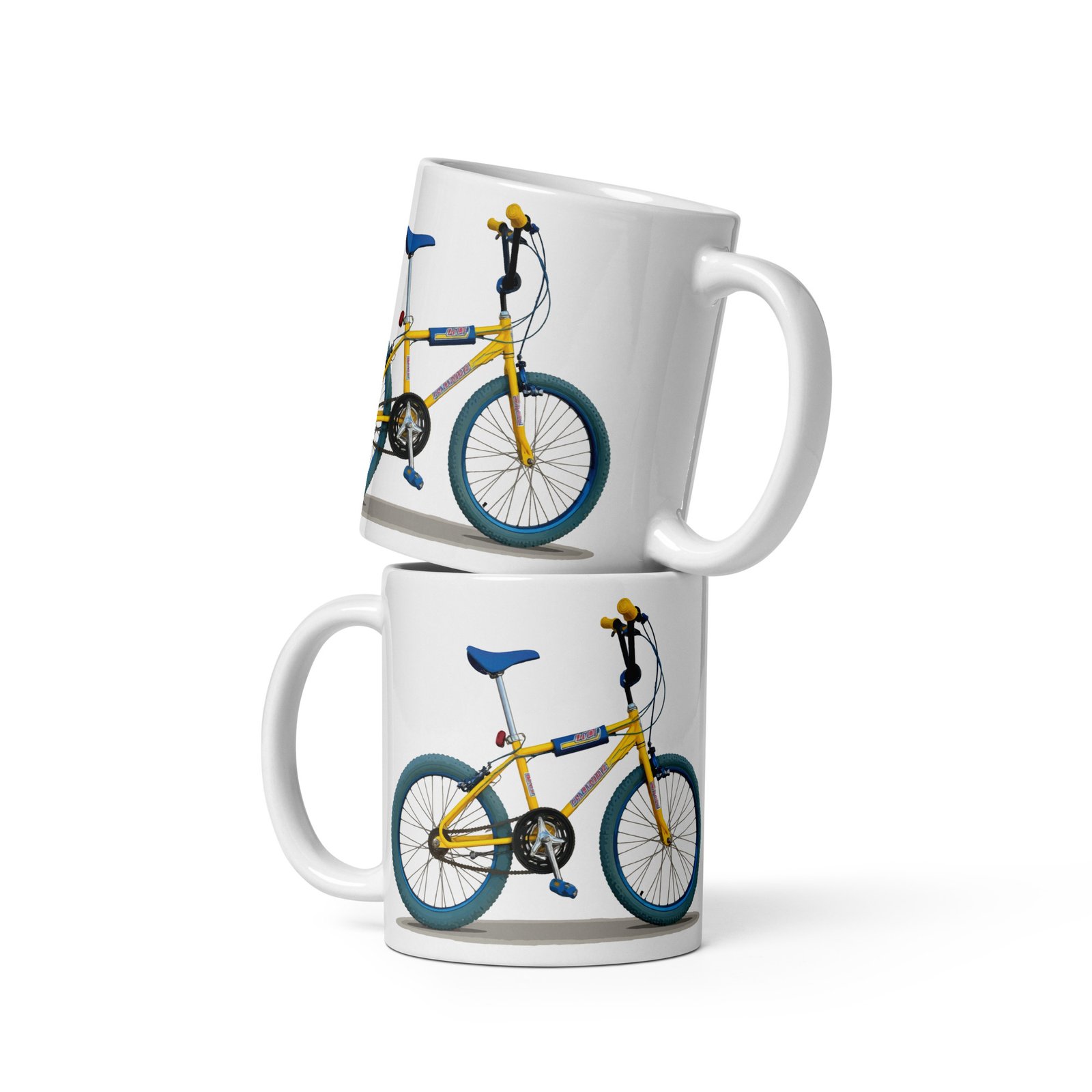 Dos tazas de cerámica con diseño de la bicicleta BH California X3 apiladas, fondo blanco.