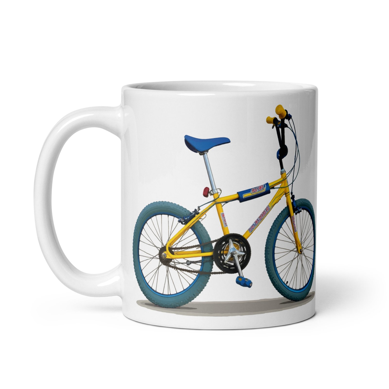 Taza de cerámica con diseño de la bicicleta BH California X3, vista izquierda sobre fondo blanco.