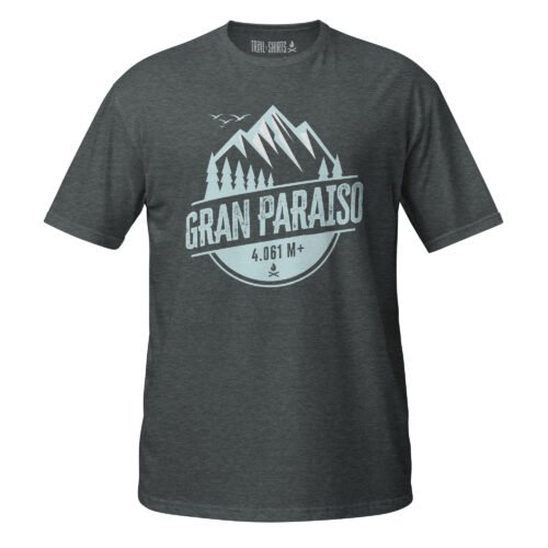Camiseta gris oscuro unisex con gráfico del Gran Paradiso, montaña icónica de 4061 m en el noroeste de Italia.