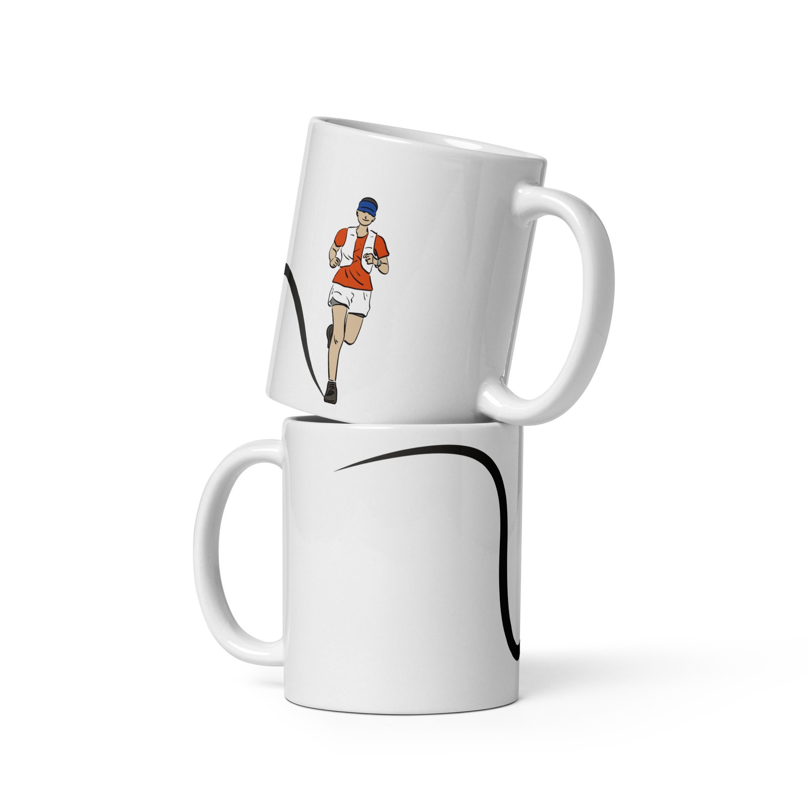 Dos tazas apiladas con diseño de corredor de trail y línea ondulada negra. Ideal para runners.