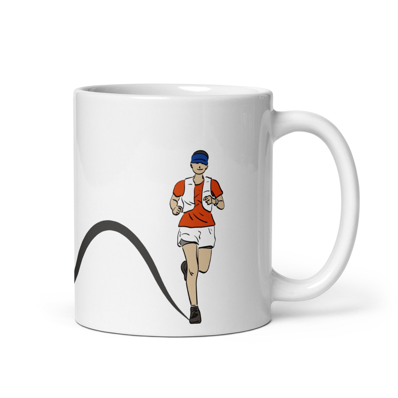 Taza de cerámica vista derecha con diseño de corredor de trail y línea ondulada negra. Ideal para runners.