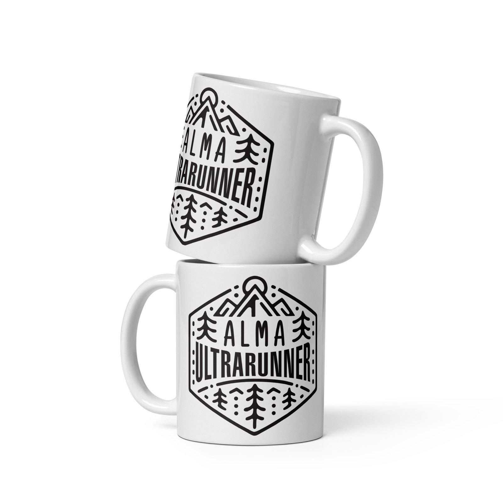 Dos tazas de cerámica Alma Ultra-Runner apiladas, diseño inspirado en la pasión por ultradistancias.