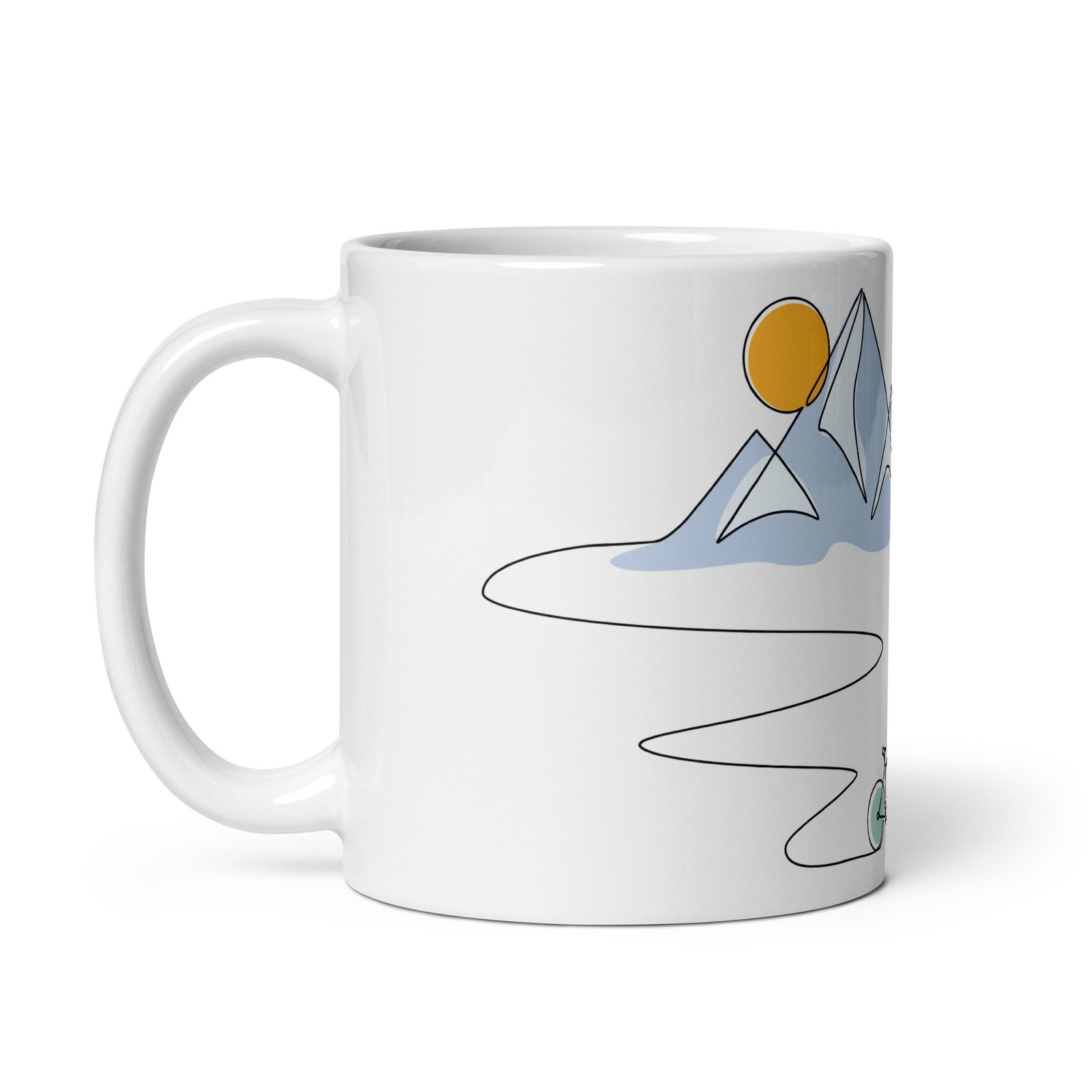 Vista izquierda de la taza Bikeline con ilustración de montaña azul, bicicleta verde y sol amarillo minimalista.