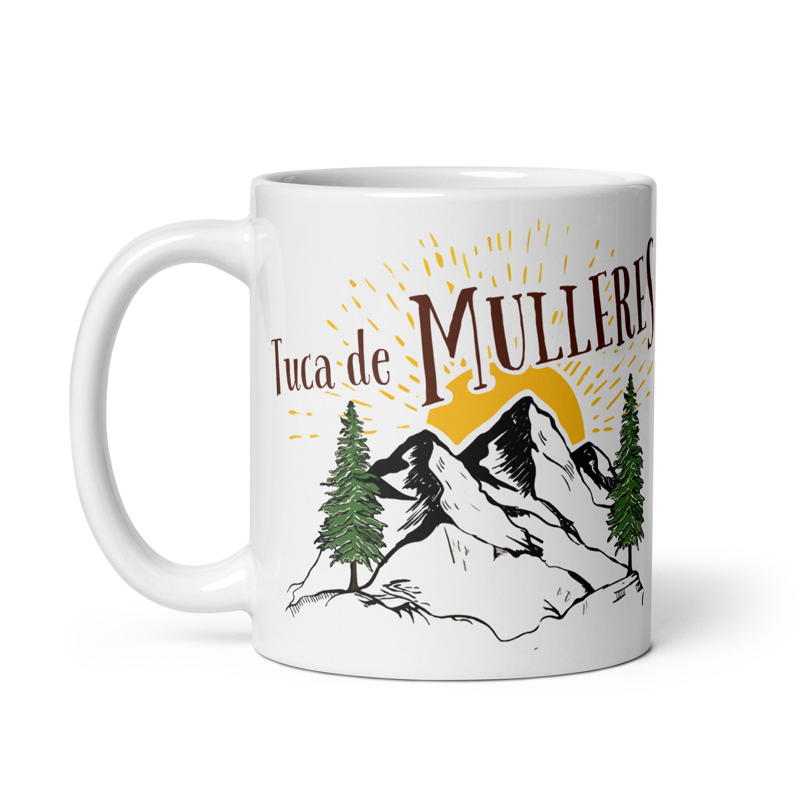 Lado izquierdo de la taza Tuca de Mulleres con ilustración del pico y paisajes pirenaicos.