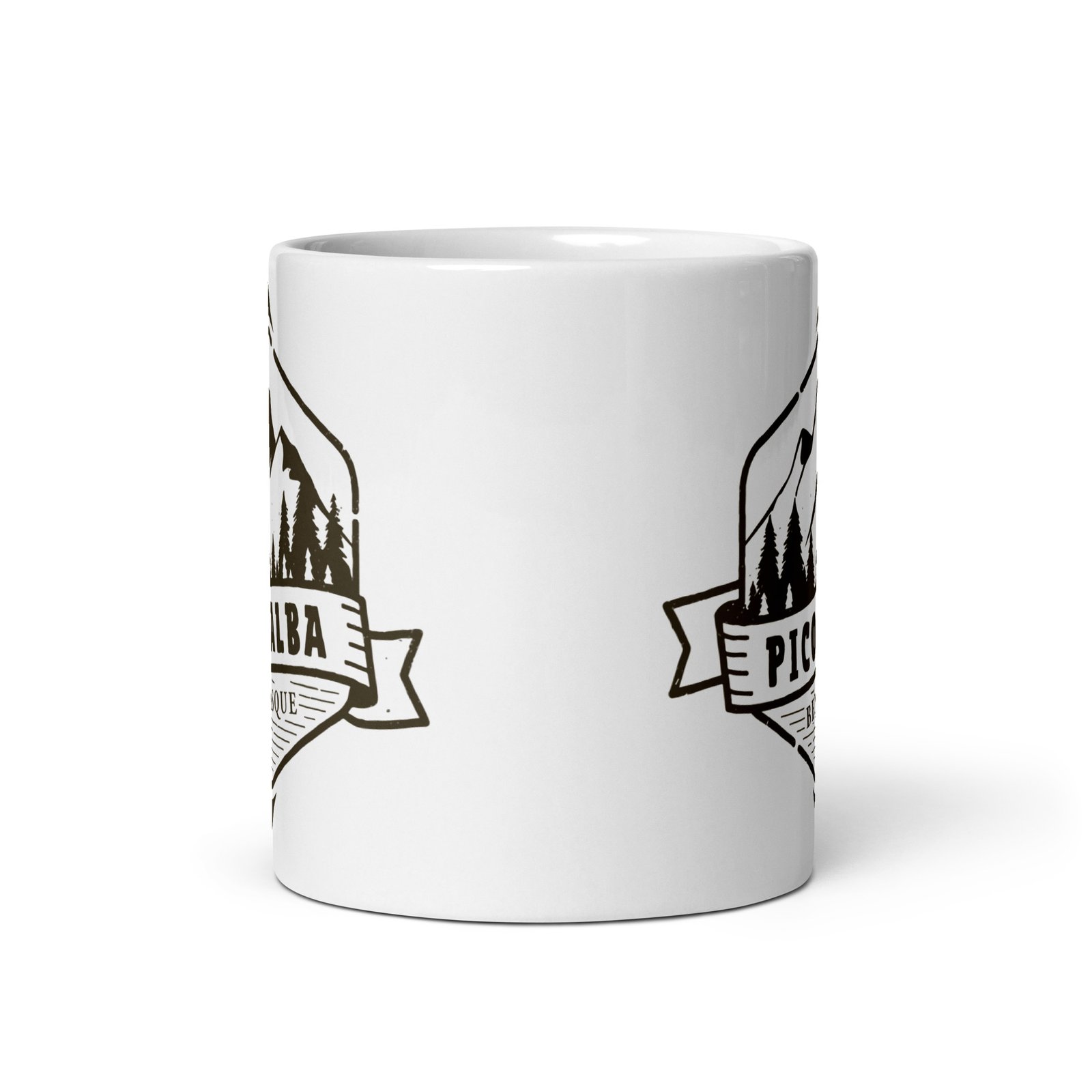 Taza Pico Alba vista frontal mostrando diseño de ruta montañera, regalo único para amantes del Pirineo aragonés