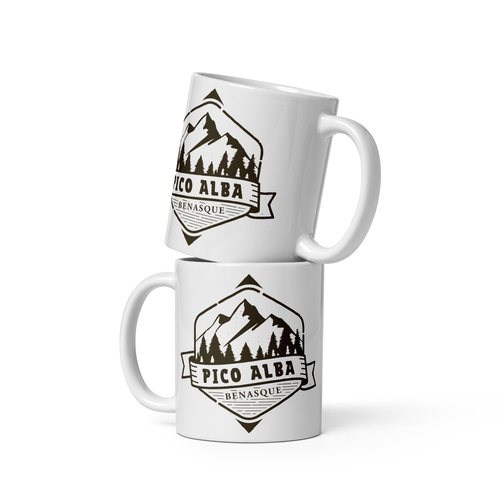 Set de dos tazas Pico Alba apiladas mostrando diseño completo de ruta montañera, regalo especial senderismo Benasque
