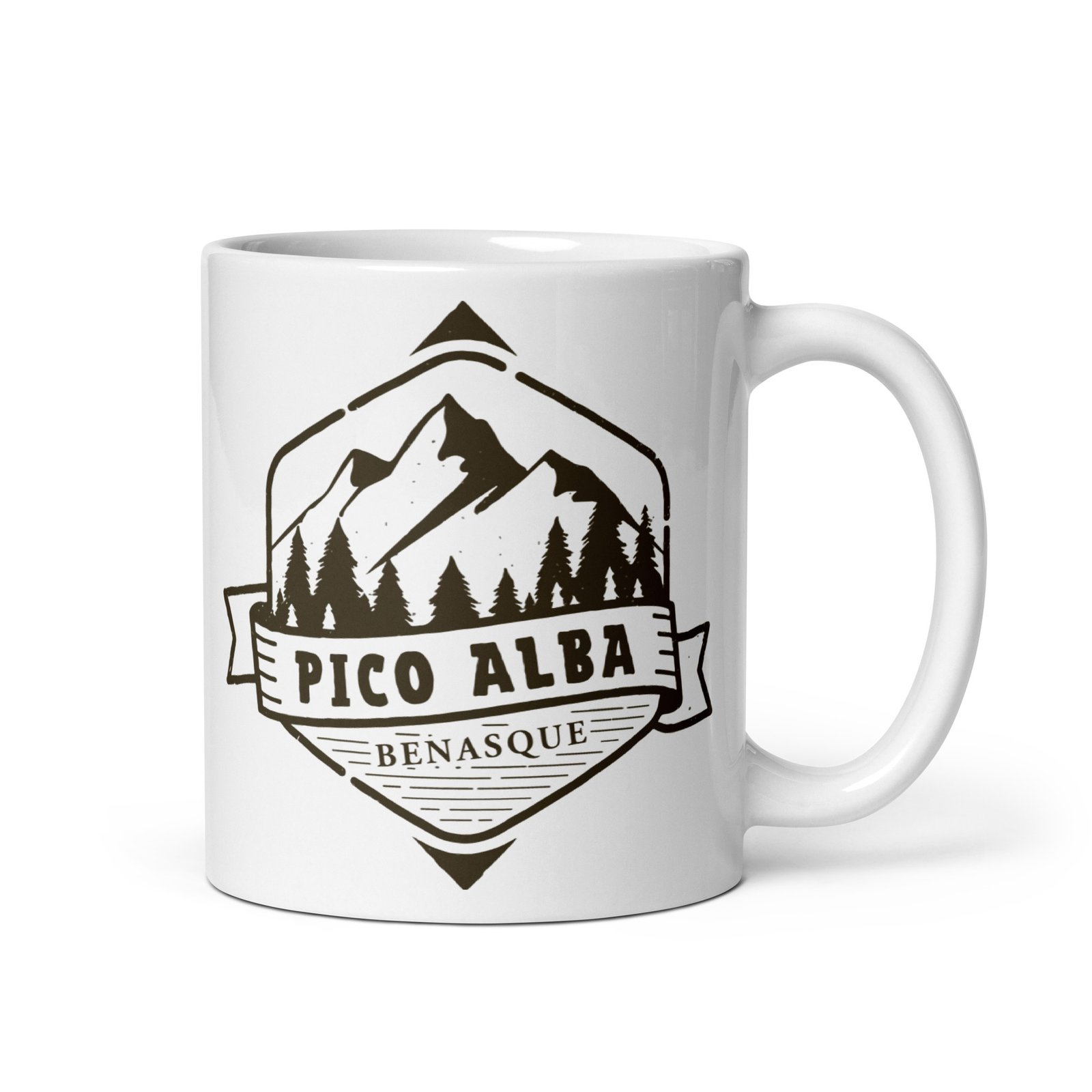 Taza cerámica Pico Alba vista derecha con diseño montañero de la ruta desde Baños de Benasque, regalo ideal para montañeros