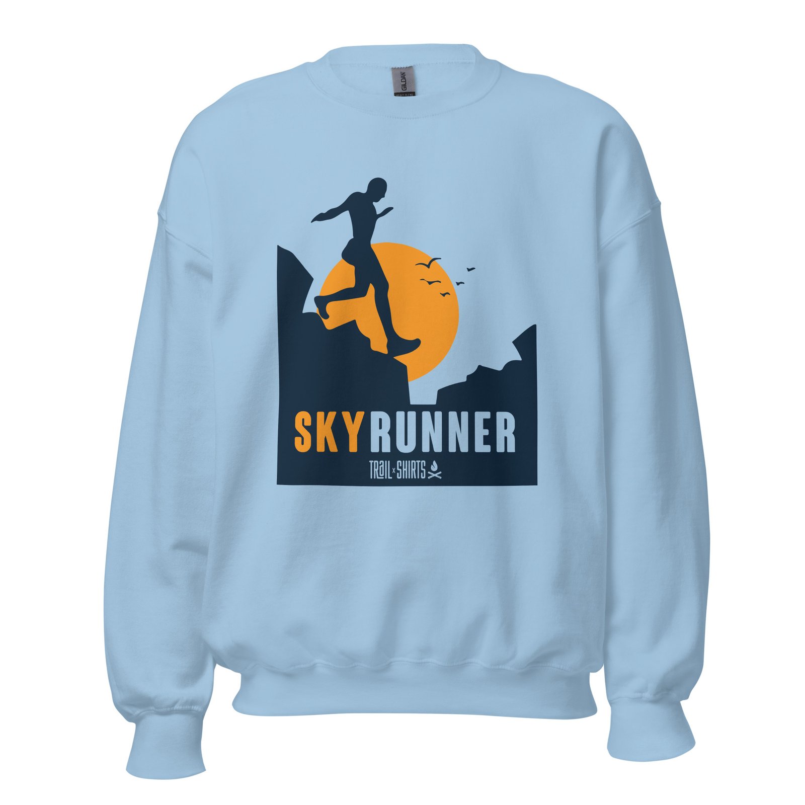 Sudadera unisex azul claro con diseño SkyRunner, corredor de montaña saltando y letras grandes debajo.