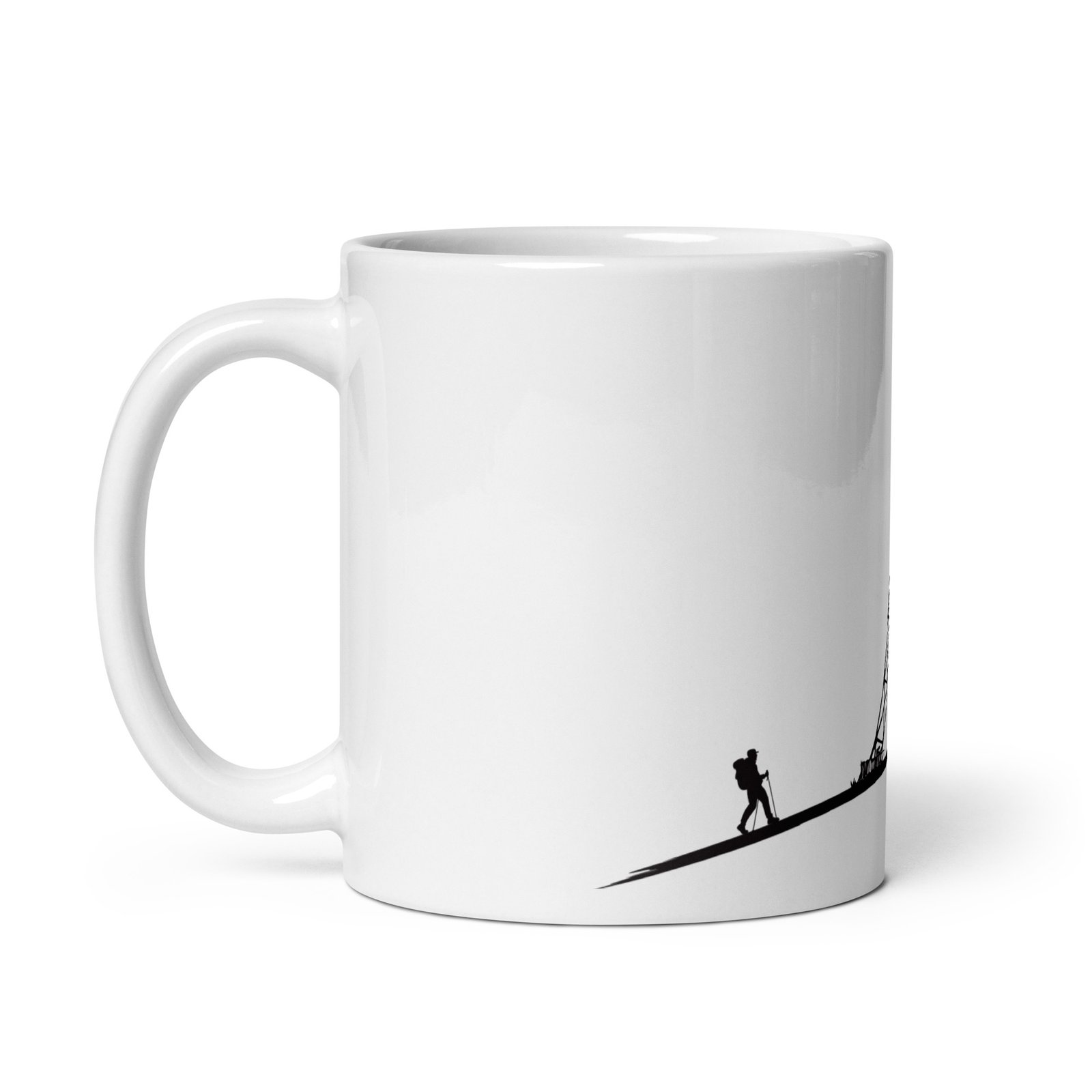 Taza cerámica Gorbeia vista izquierda con ilustración montañera sobre fondo blanco