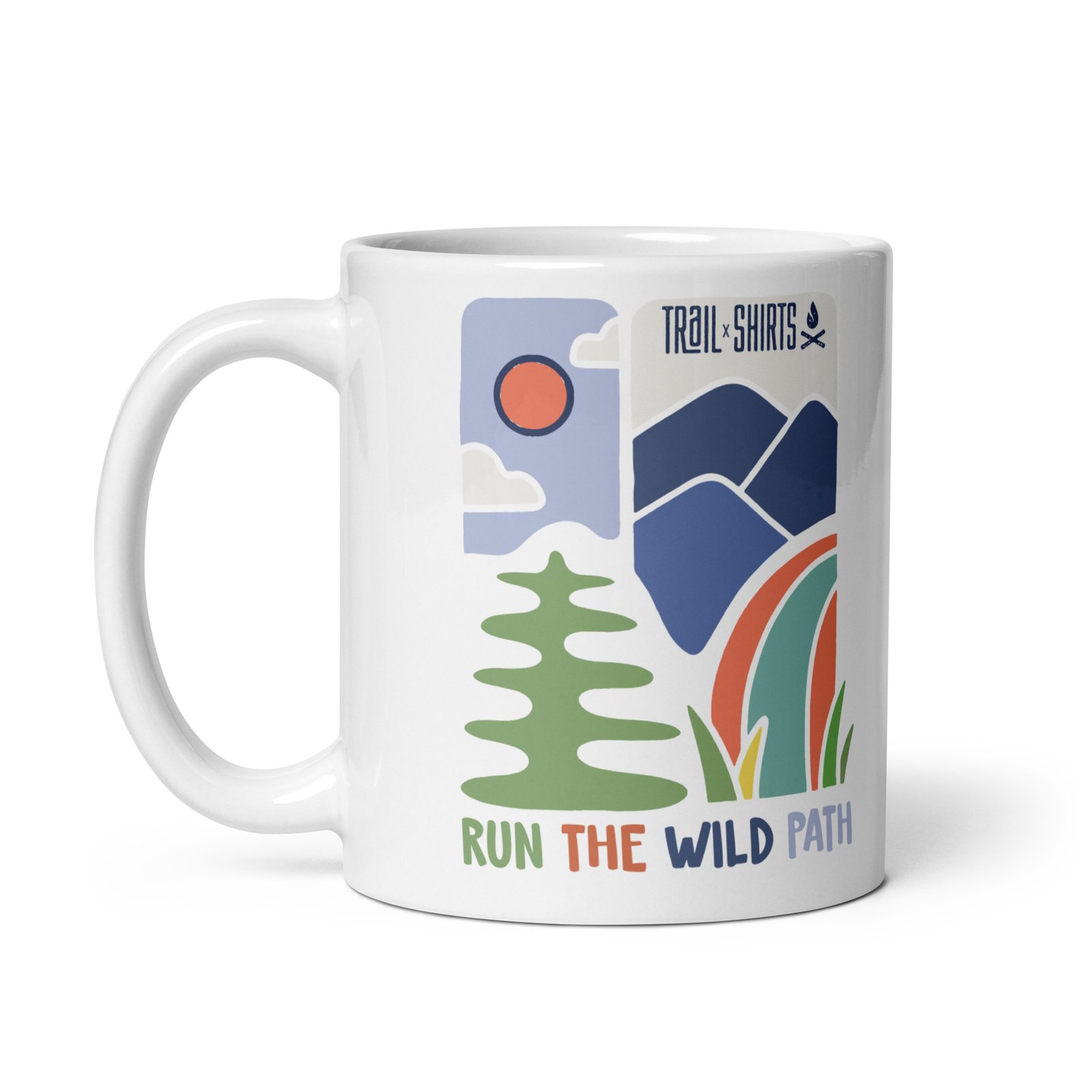 Taza de cerámica Run The Wild Path vista izquierda, diseño motivador para corredores de trail.