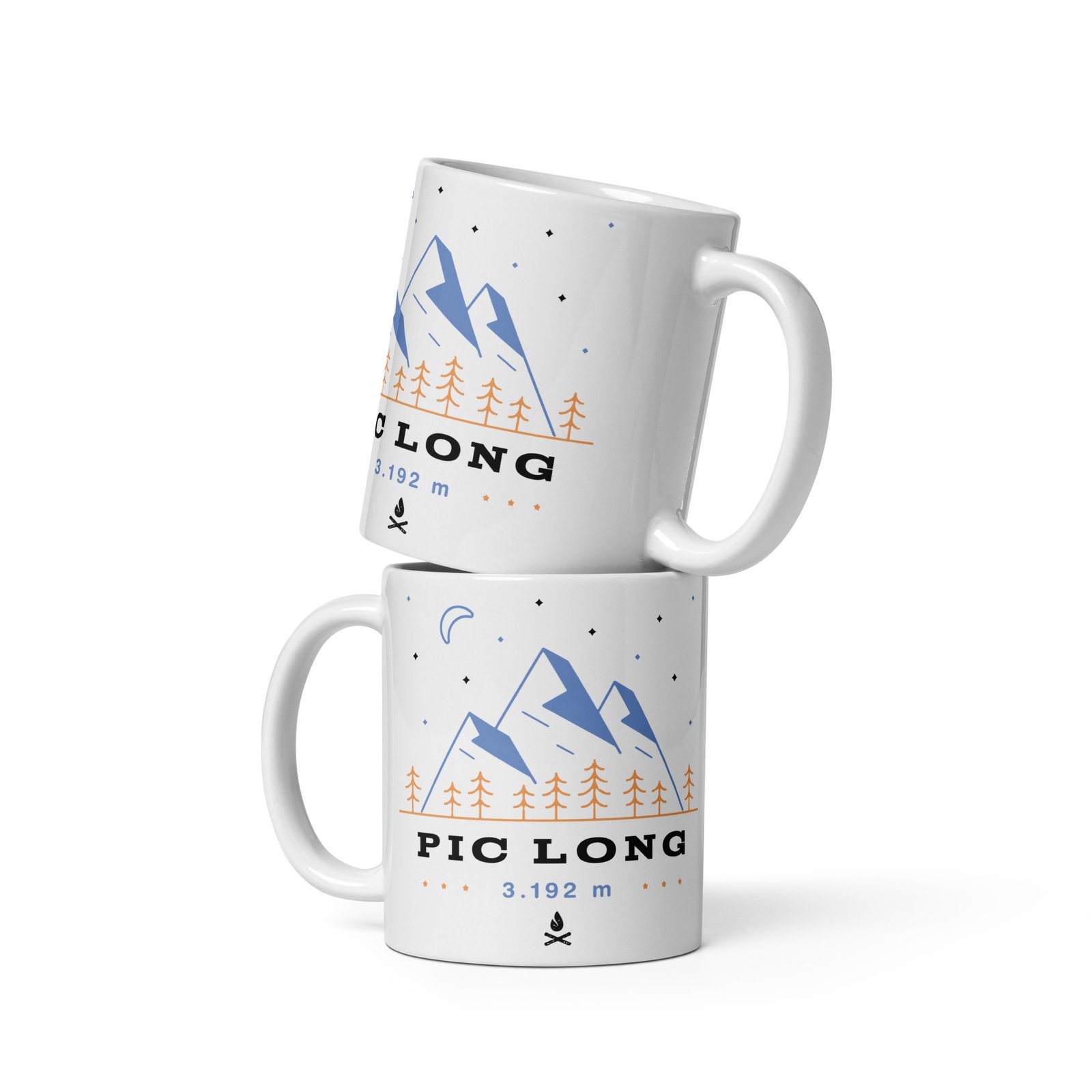 Dos tazas cerámicas apiladas con diseño del Pic Long, montaña emblemática de los Altos Pirineos.