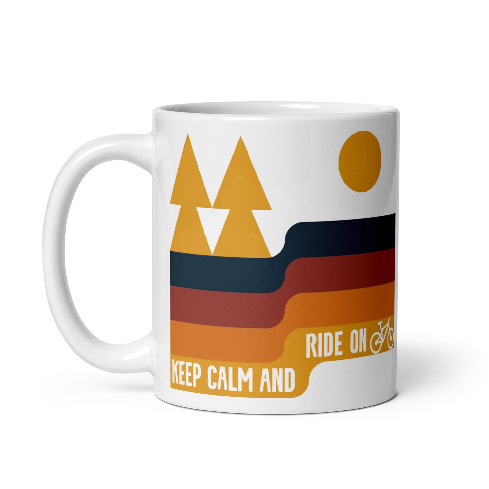 Taza vista izquierda con diseño de bicicleta, árboles y sol en estilo retro.